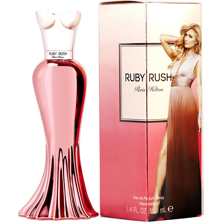 Perfume Ruby Rush de Paris Hilton EDP, botella de vestido rojo rubí de 3,4 oz
