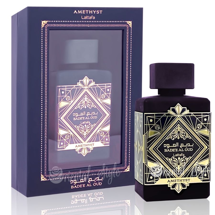 Lattafa Bade'e Al Oud Amethyst EDP, botella violeta unisex de 3,4 oz