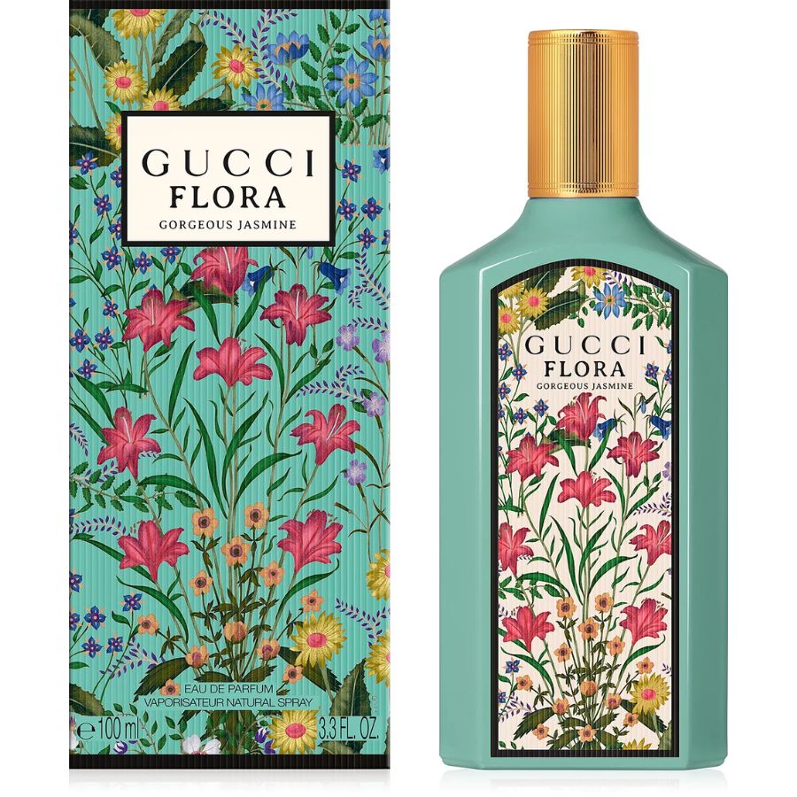 Gucci Flora Gorgeous Jasmine 3.4 oz EDP, botella turquesa, tapa dorada