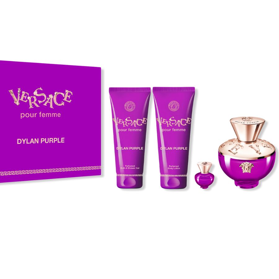 Dylan Purple Femme by Versace 3.0 oz EDP 4pc gift set with Mini, purple bottle