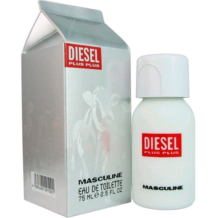 Diesel Plus Plus Masculine 2.5 oz EDT, botella blanca, caja de cartón de leche