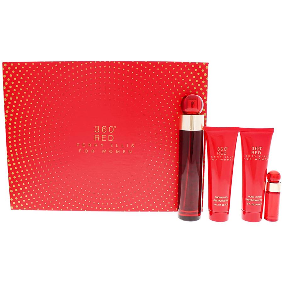 Perry Ellis 360° Red for Men EDT gift set, 3.4 oz bottle with companion mini and bath items